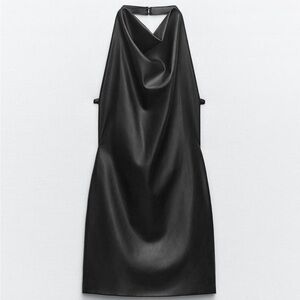NWT Zara Black Faux Leather Halter Dress